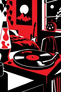A vinyl record spinning backwards on a turntable in a teenage bedroom, lit by a lava lamp, a jack-o-lantern on the windowsill.