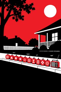 Ten different carved jack-o-lanterns in a row along a suburban curb, a vintage radio on the end playing into the night.