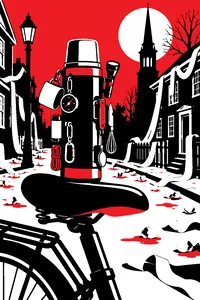A thermos with a dozen gadget attachments sitting on a bicycle seat on a Salem street strewn with eggs and toilet paper.