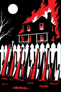 Dozens of baseball bats and kitchen knives leaning against a picket fence in front of a burning house at night.