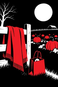 A lone blanket draped over a fence beside a moonlit pumpkin patch, a trick-or-treat bag holding a single rock.