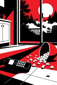A cordless phone lying on a kitchen floor next to an overturned bowl of popcorn, a glass patio door behind.