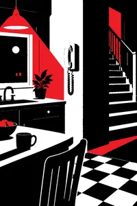 A beige wall phone in a suburban kitchen at night, a staircase rising into darkness behind it.