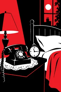 A 1940s bedside telephone on a lace doily beside a bed and a ticking alarm clock reading 11:15.