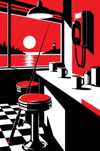A diner wall phone beside a counter of coffee mugs, a fishing rod leaning against the stool.