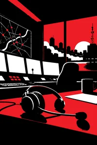 A dispatcher's headset resting on a desk in a dim control room, a single red line light blinking.