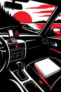 A car dashboard with a flip phone on speaker and a high-school yearbook on the passenger seat.