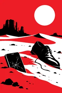 A cracked cell phone half-buried in desert sand beside a lone tuxedo shoe.