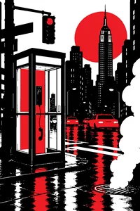 A lone glass phone booth on a busy Manhattan corner with its receiver dangling.