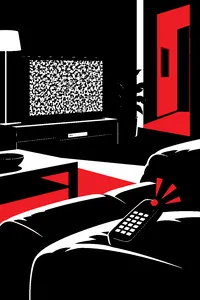 A TV showing static in a dark living room, a cordless phone on the couch lighting up as it rings.