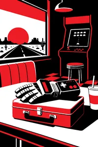 A silver power glove resting on a lunchbox in front of a glowing arcade cabinet, a desert highway visible through the window.