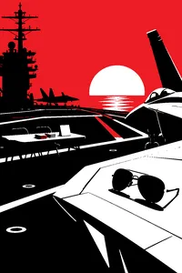 A pair of aviator sunglasses on the wing of a gray fighter jet parked on an aircraft carrier deck at sunset, a folding recruitment table nearby.