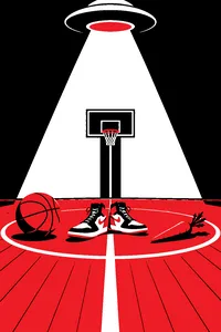 A basketball and a single carrot on a hardwood court under an alien-green spotlight, a pair of high-top sneakers at center court.