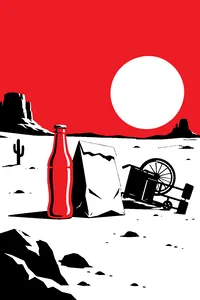A red soda bottle and a paper fast-food bag in the middle of a desert, a small wheelchair tipped over beside them.