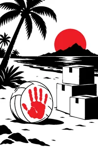 A white volleyball with a red handprint sitting on a tropical beach next to a stack of unopened cardboard shipping boxes.
