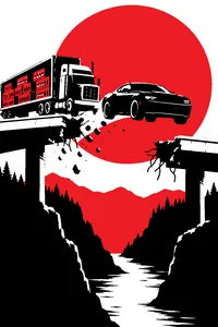 A black sports car with a gold firebird hood decal jumping a broken bridge, a semi-truck trailer full of beer cases behind it.