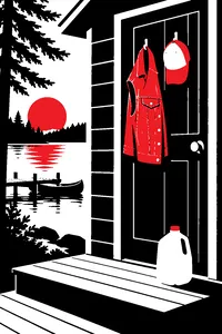 A denim vest and a ballcap hanging on a cabin door at a lakeside summer camp, a milk jug on the porch step.