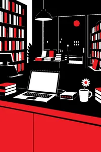A beige laptop glowing on a bookstore counter at night, a dial-up modem beside it and a single daisy in a coffee cup.