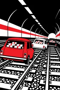Three small British hatchbacks, one red, one white, one blue, racing through a subway tunnel with gold bars stacked in their back seats.