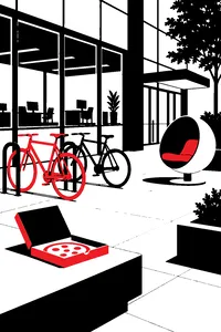 Two primary-colored bicycles parked outside a glass office building, a pizza box and a nap pod in the courtyard.
