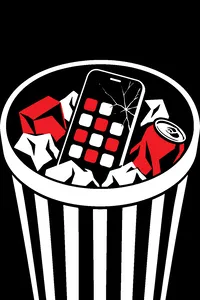 A cracked smartphone lying face-up in a trash bin, its screen glowing with candy-colored app icons with no symbols on them.