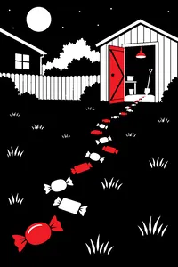 A trail of small orange, yellow and brown candies leading across a suburban lawn at night into a backyard shed.
