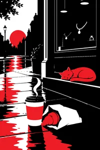 A paper coffee cup and a pastry in a white bag on the sidewalk outside a dark jewelry store window at dawn, an orange cat asleep on the step.
