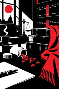 A spilled bottle of small brown tablets on a law library desk beside a stack of thick leather-bound casebooks and a crimson scarf.