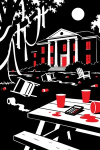 A fraternity lawn at night littered with tipped lawn chairs, toilet paper in the trees and a calculator left on a picnic table.