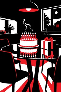 A birthday cake with sixteen lit candles on a glass dining table in a dark suburban kitchen, an unopened present beside it.