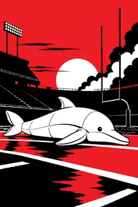 An empty football stadium end zone at dusk with a giant inflatable dolphin pool toy lying on the turf.