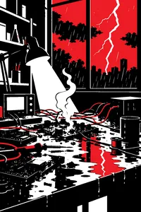 A rain-soaked lab bench with scorched circuit boards and a tangle of cables, lightning flashing through the window.