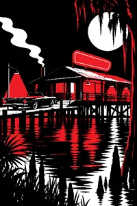 A ramshackle 1950s roadhouse on stilts over a Florida swamp at night, a pink neon tube glowing, a convertible parked out front.