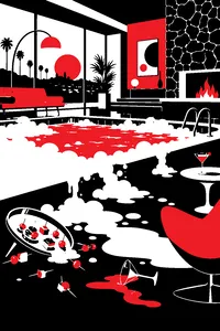 An indoor pool in a mod 1960s Hollywood living room overflowing with soap suds, a toppled tray of hors d'oeuvres at its edge.