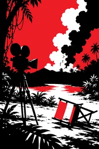 A film camera on a tripod in a jungle clearing, a canvas director's chair tipped over and explosion smoke drifting through the trees.