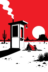 A lone tollbooth in the middle of open desert with no fence on either side, a saddle on the ground beside it.