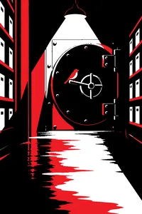 A heavy locked film vault door at the end of a dim corridor, a bluebird perched on its handle.