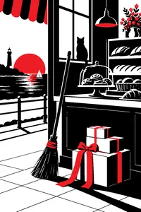 A broomstick leaning against a seaside bakery counter beside a stack of wrapped parcels and a red bow, a black cat silhouette in the window.