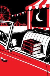 A stack of gold-embossed leather Bibles on the seat of a dusty 1930s convertible, a paper crescent moon hanging from a carnival booth behind it.