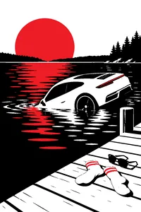 A sleek Porsche nose-down in a lake beside a wooden pier, a pair of white socks and sunglasses abandoned on the dock.