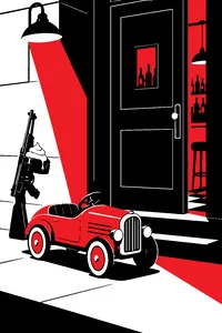 A miniature pedal car parked outside a speakeasy door, a tommy gun loaded with whipped cream leaning against the wall.