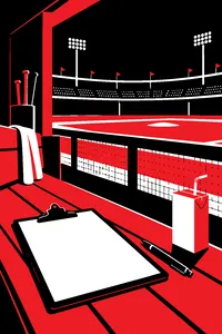 A manager's lineup clipboard and a juice box on a major league dugout bench, the field glowing under lights.
