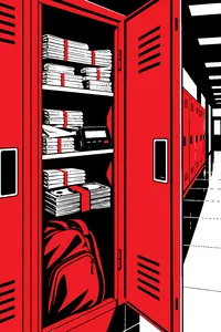 A school locker crammed with stacks of folded cheat sheets, cash and a pager, under fluorescent hallway lights.