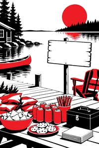 A lakeside summer camp with a hand-painted blank sign, piles of junk food and a cash box on the dock.