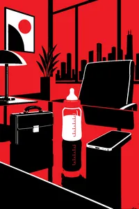 A tiny briefcase, a baby bottle and a smartphone on a polished executive desk in a pastel office.