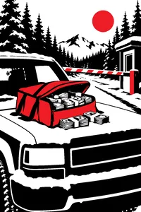 A pizza delivery bag stuffed with cash on the snowy hood of a pickup truck at a forest border crossing.