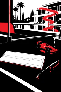 A single blank check on a bank counter beside a pen and a toy race car, a mansion's water slide reflected in the glass.