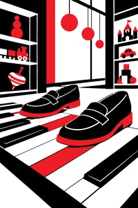 A giant floor piano in a toy store, a pair of oversized loafers resting on the keys.