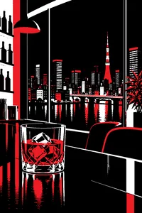 A glass of whisky on a hotel bar at 3 a.m., the neon skyline of Tokyo glowing through floor-to-ceiling windows.