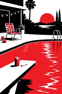 A lonely lawn chair beside a swimming pool at a party, a cigarette and a can of beer on the diving board.